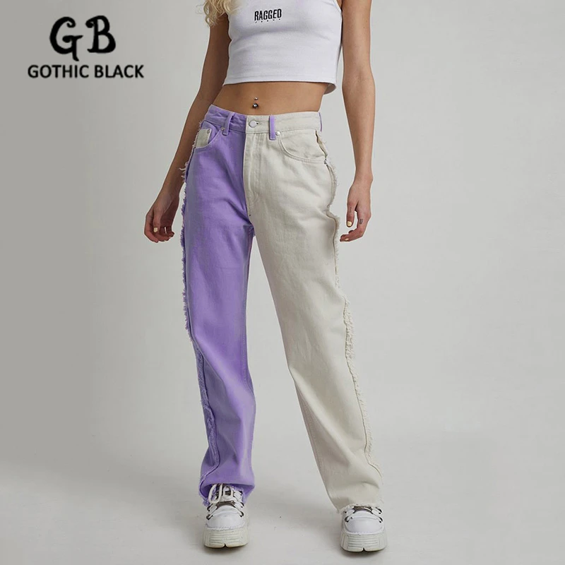 

Gothblack Casua, цветные контрастные лоскутные брюки, женские брюки с высокой талией и карманами, широкие прямые брюки с бахромой, модная уличная о...