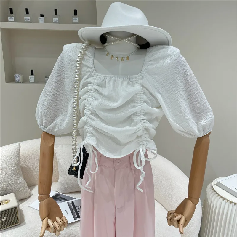 

Women's Spring Summer 2021 Fashion Drawstring short high waist solid top Square neck short sleeve shirt