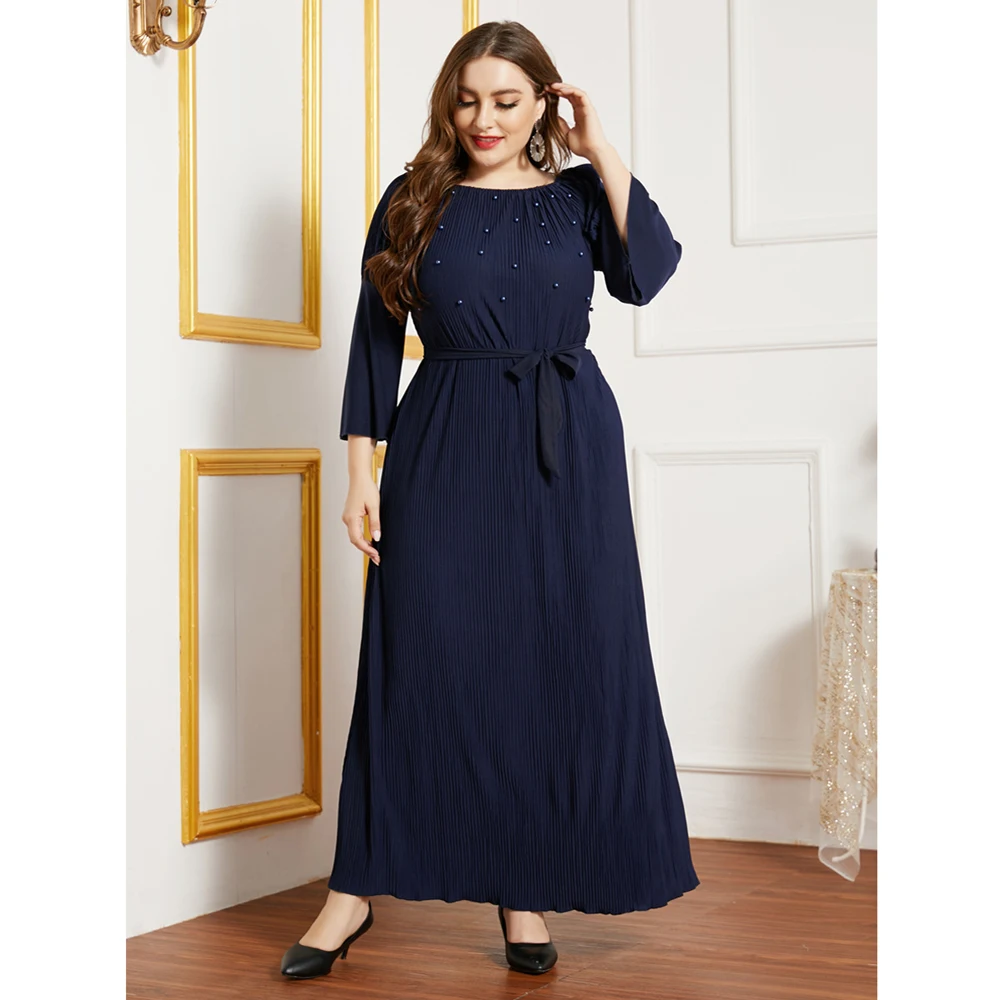 

Abaya Muslim Elegant Long Dress Women Beading Pleated Party Evening Arab Turkish Middle East Plus Size Oman Bangladesh