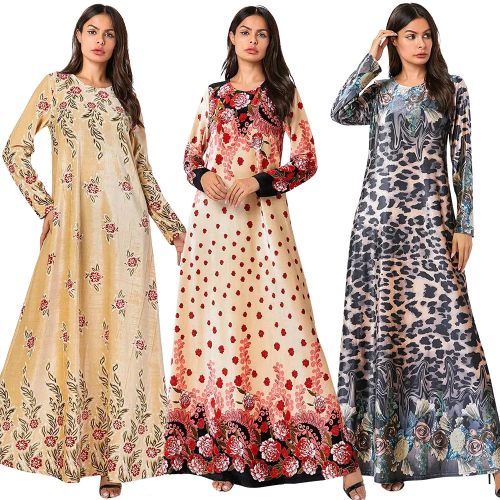 BNSQ Velvet Gold Thread Print Long Dress Blue Leaves Positioning Flower Round Neck Sleeve Mopping Dresses Vintage Girls | Тематическая