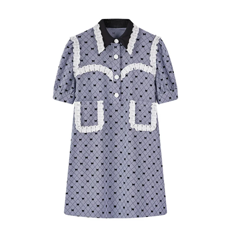 

LANMREM Women Ruffle Bow Bubble Sleeve Dress Pleated Polo Temperament Loose Fit Fashion Tide Summer 2021 New Arrival 2K2134