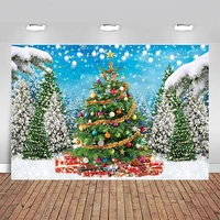 Winter Christmas Tree Backdrop Merry Xmas Pine Forest Snowflake Landscape Photography Background Kids Baby Shower Birthday Party