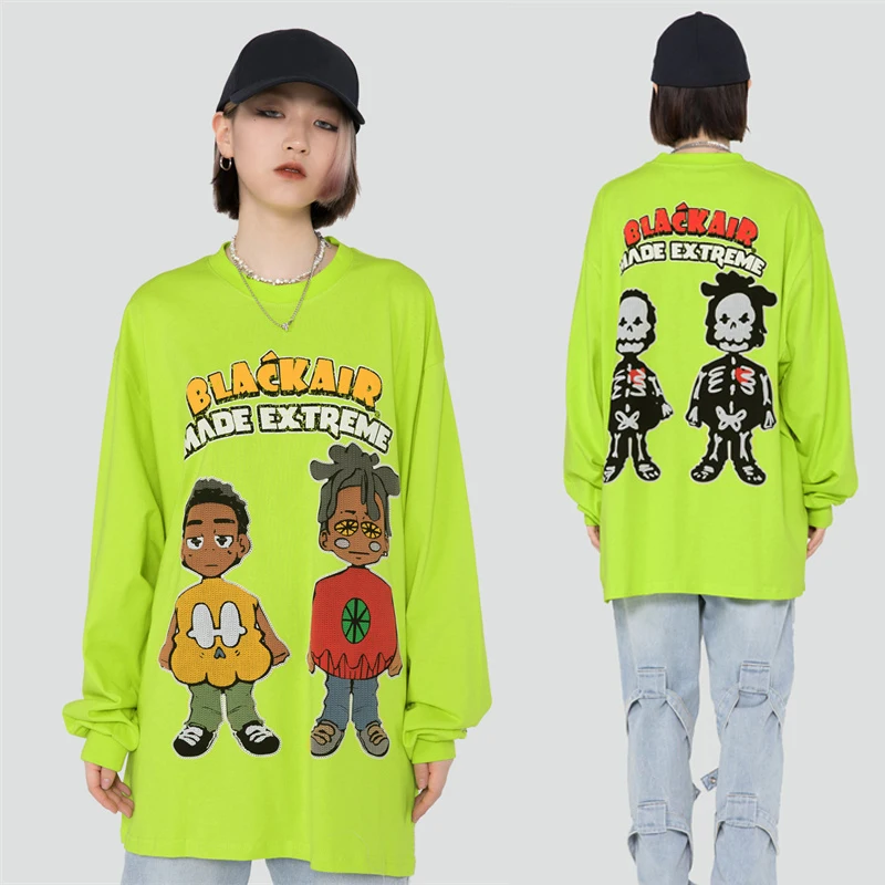 

Men Oversize T Shirt Funny Skull Cartoons Embroidery Tshirt Harajuku Cotton Long Sleeve T-Shirt Hip Hop Streetwear Tops Tees