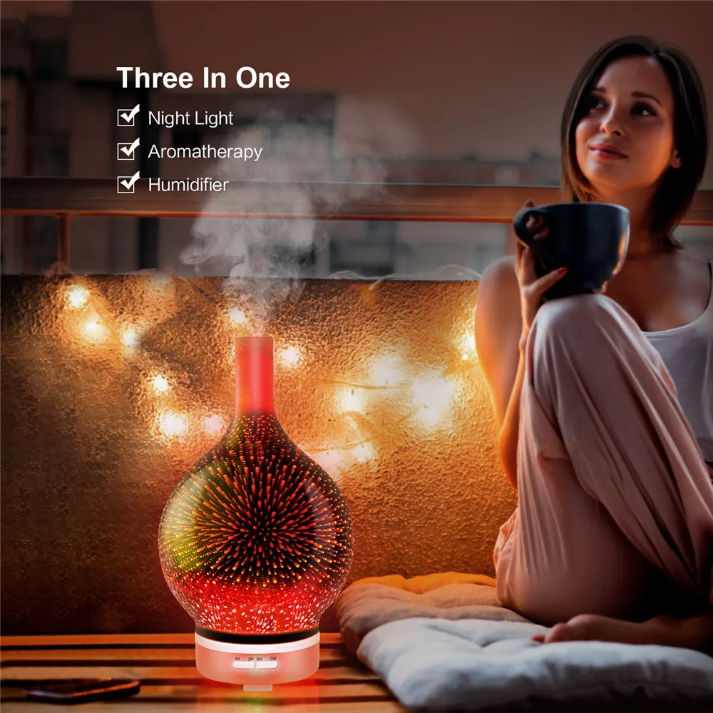 

3D Oil Diffuser Ultrasonic Aroma Diffuser Romantic Atmosphere Light Firework Glass Electric Essential Aroma 120ml Humidifier