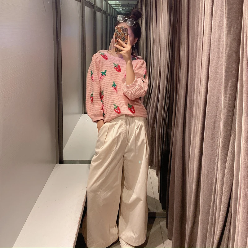 Милые женские свитера с круглым вырезом Осенние вязаные топы вышивкой клубники