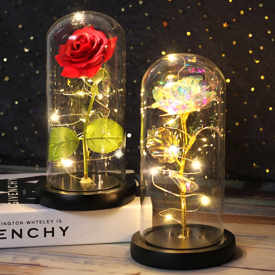 

6 Colour Beauty And The Beast Red Rose In A Glass Dome On A Wooden Base For Valentine's Gifts LED Rose Lamps Christmas