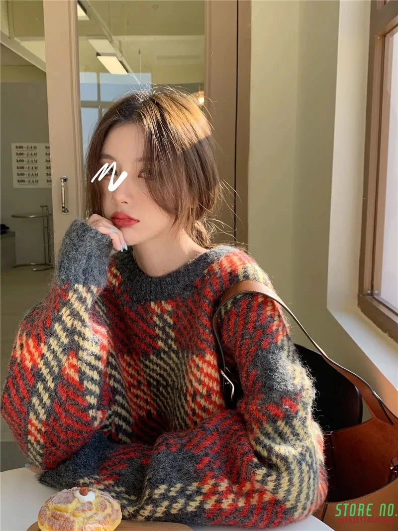 

2021 Winter Vintage Knit Female Pullovers Oversize Long Sleeve Patchwork Women Sweater Korean Loose Woman Sweaters Clothing