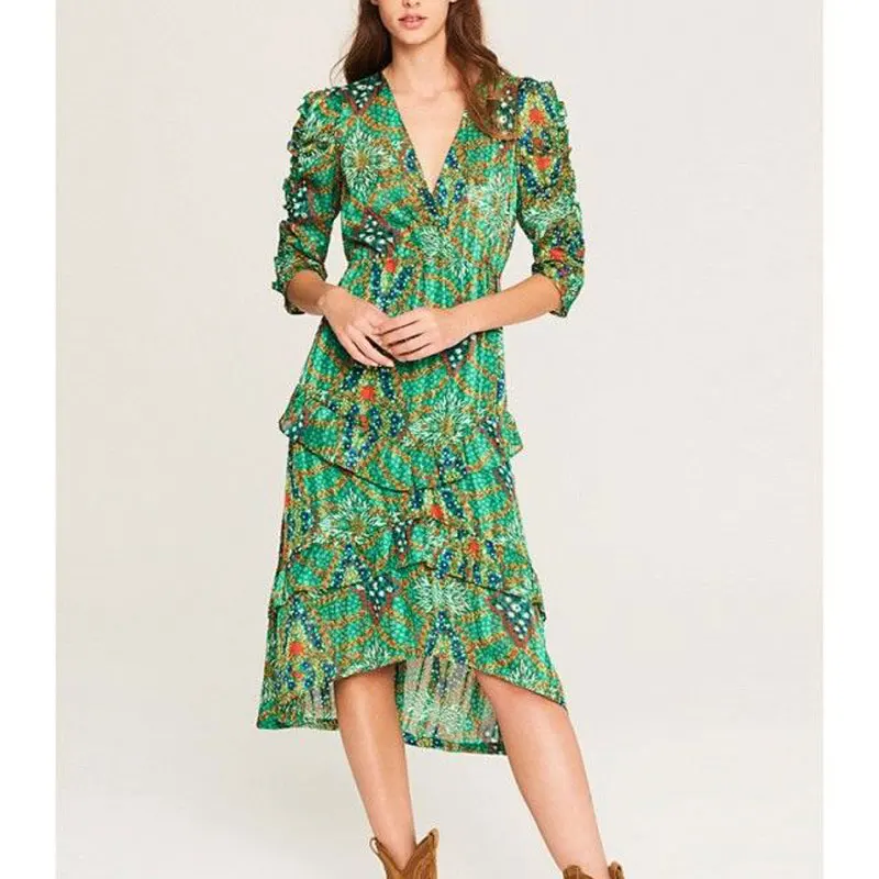 

2021 Spring New Casual Heart-shaped Flower Ruffled Irregular Green Midi Dress