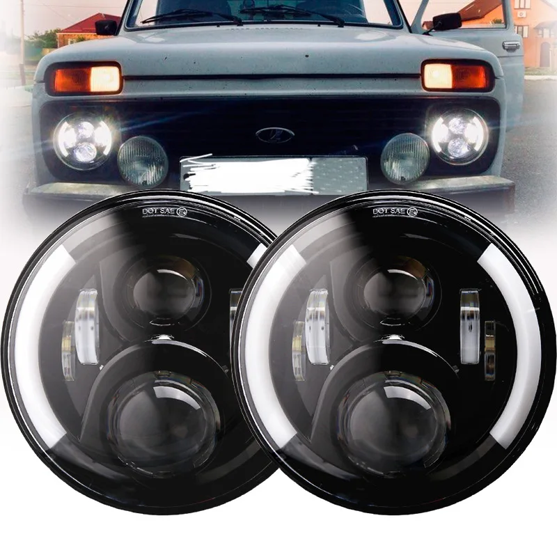 

2 упаковки 7 "светодиодный галогеновые фары головного света с H4 для Land Rover Defender 7 дюймов LED фары с янтарем поворотник для lada niva 4x4