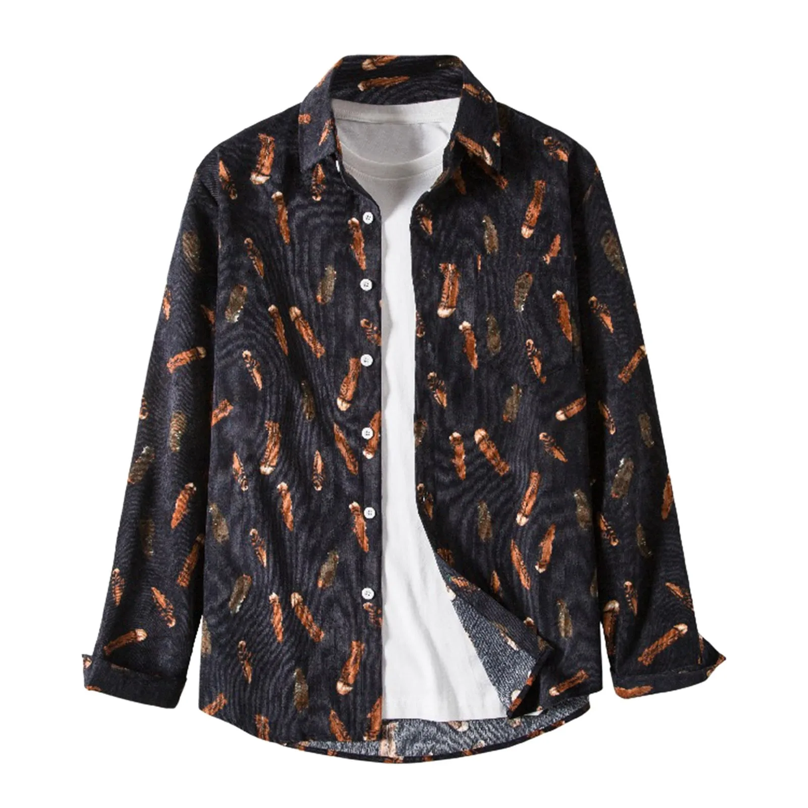 

Men Long Sleeve Retro Ethnic Printed Comfortable Plus Size Thick Corduroy Button Autumn Winter Top Shirts Lightweight Shirts