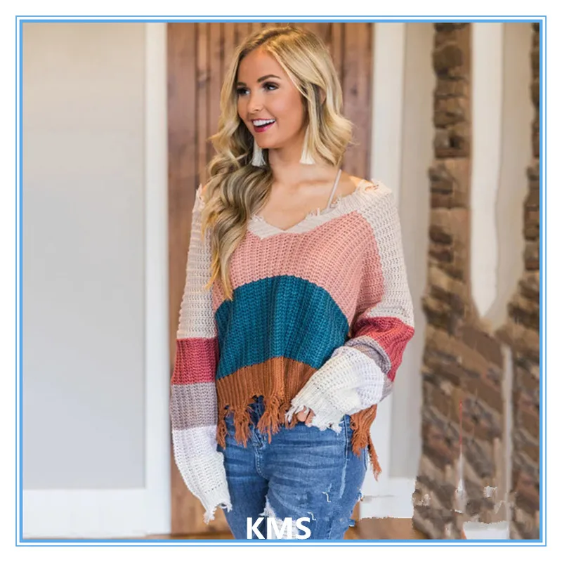 

KMS New style knit sweater contrast color pullover V-neck long-sleeved frayed edge woolen loose sweater