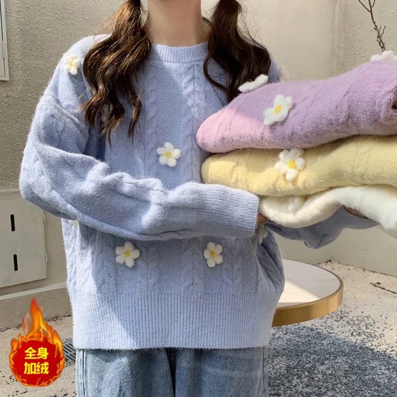 

Свитер женский трикотажный с круглым вырезом и длинными рукавами