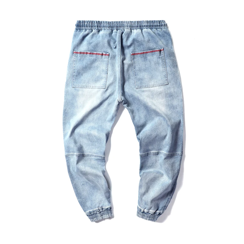 

Denim Stretch Elastic Waist Loose Jeans Men Light Blue Drawstring Harem Jeans Homme Cotton Ankle Length Pants Plus Size 5XL Mid