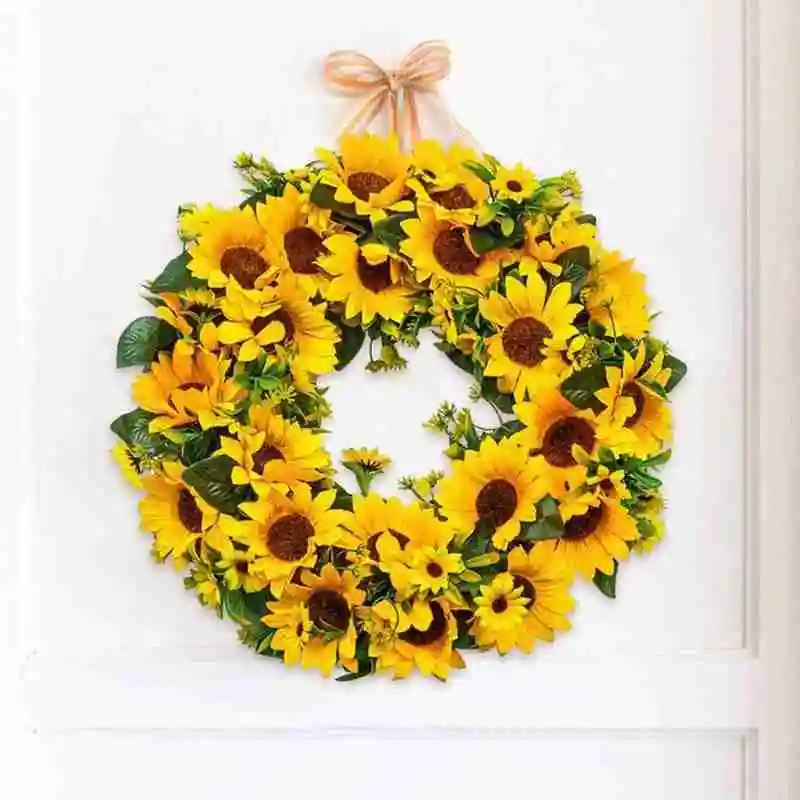 Artificial Sunflower Summer Wreath Decorative Fake Flower Wreath With Yellow Sunflower Green Leaves For Front Door Wall Decor