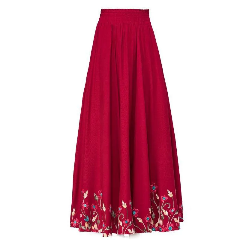 

Floral largo plisado falda de verano de algodn de las seoras Maxi faldas primavera W39bolsillos de cintura alta, falda de