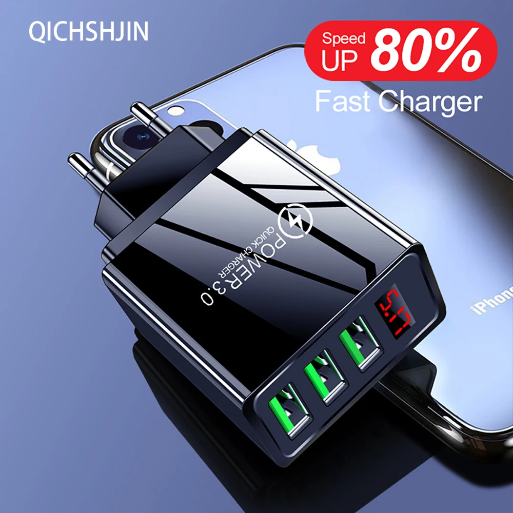 

3 Ports USB Charger EU US Plug LED Display 3.1A Fast Charging Smart Mobile Phone Charger For iphone Samsung Xiaomi Tablet QC 3.0