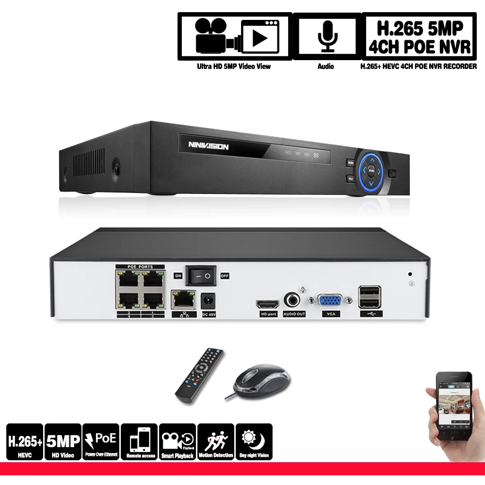 Сетевой видеорегистратор H.264 H.265 4 канала POE NVR 48 В 1080P 5 МП HDMI HD для IP Камеры P2P доступ
