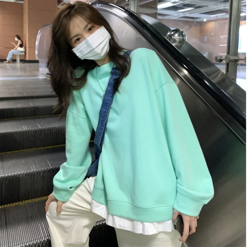 

Chic Early Autumn Candy Color Student Fake Two Long Sleeved Sweater Women's Top Spring Autumn Winter Thin 2021 New