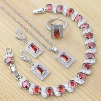 womans earrings bracelet open ring pendant chain 925 sterling silver jewelry set red square cubic zirconia anniversary gift