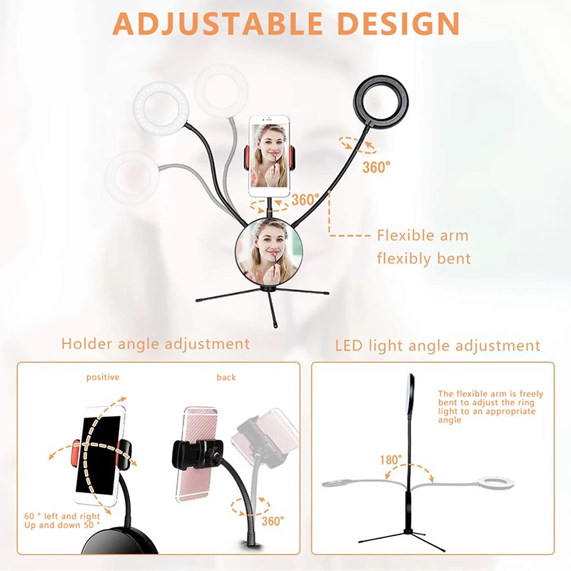 

16cm LED Selfie Ring Light Double Ring Fill Light+Mobile Phone Bracket+Triple-cornered Bracket + 120 Rotating Mirror