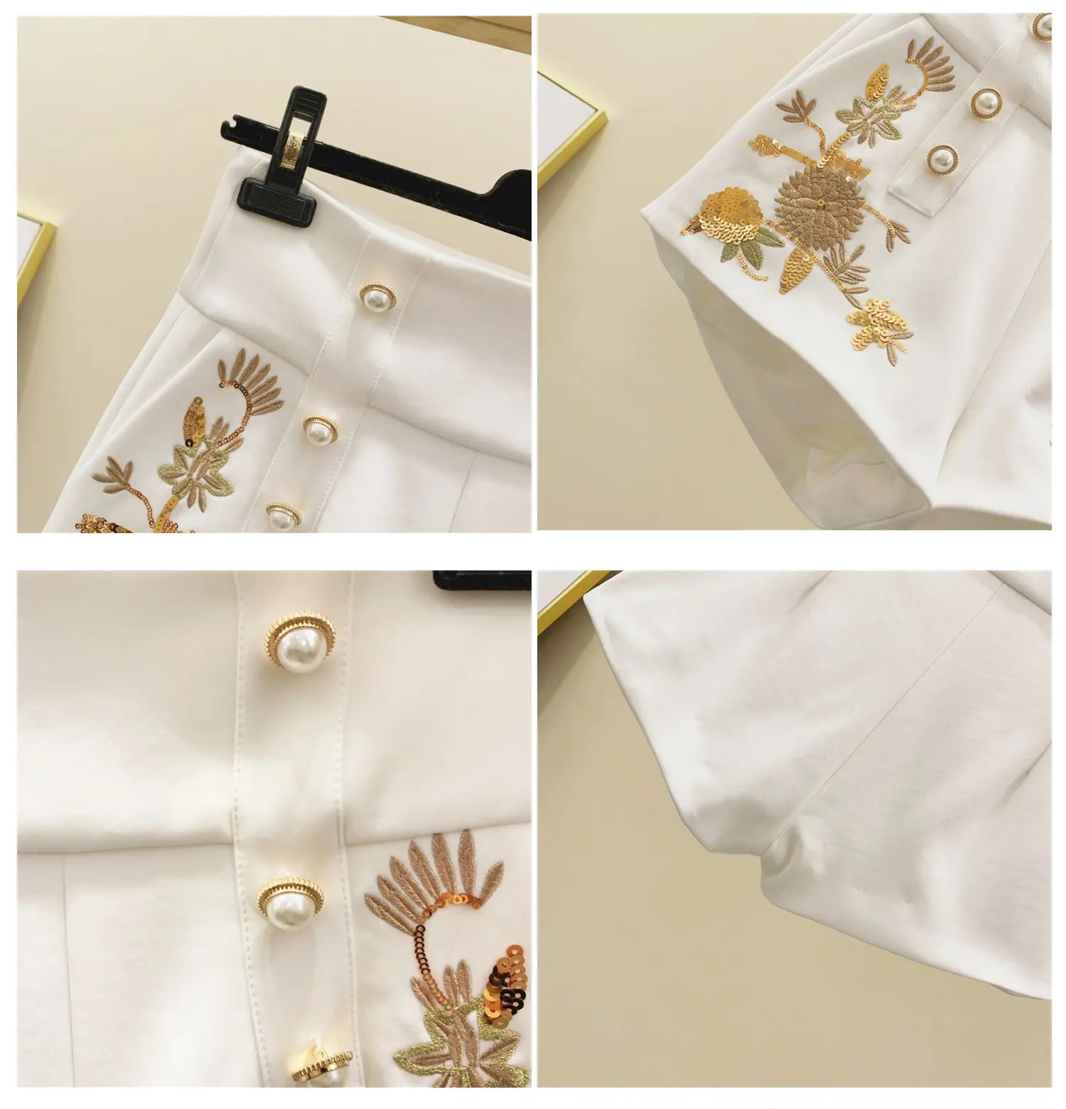 

Retro Floral Embroidered Double-breasted Shorts Female Spring Pearl Button High-Waist Sequined Shorts Slim Boots Shorts