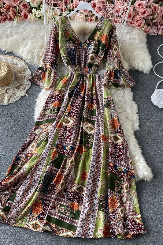 

2021 spring women's long flare Sleeve Chiffon Maxi Dress Vintage Print V-neck elastic Waist big swing travel dress elegant Robes