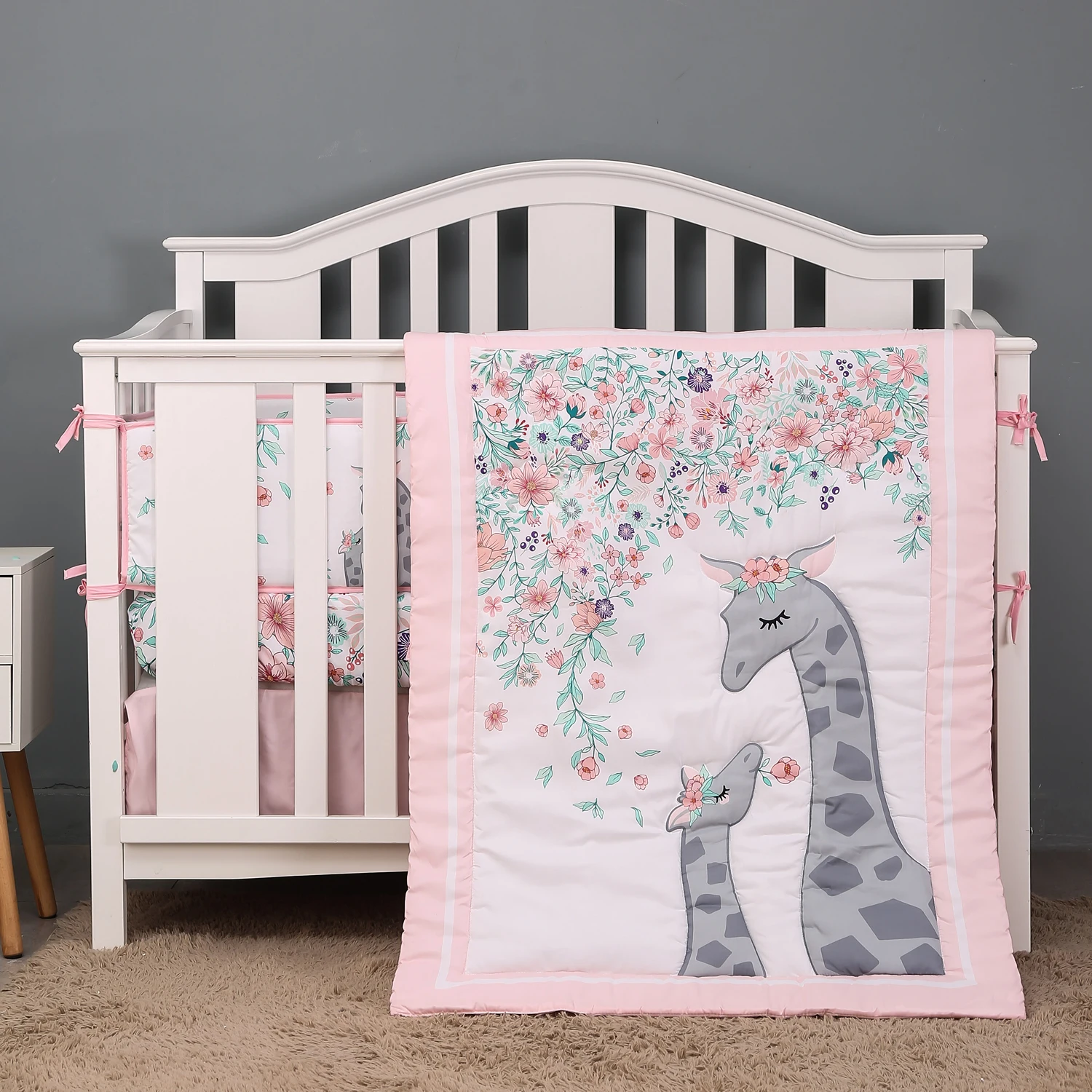 5 pcs Baby Crib Bedding Set for Girls hot sale including quilt, crib sheet, crib skirt,bumpers and pillow case