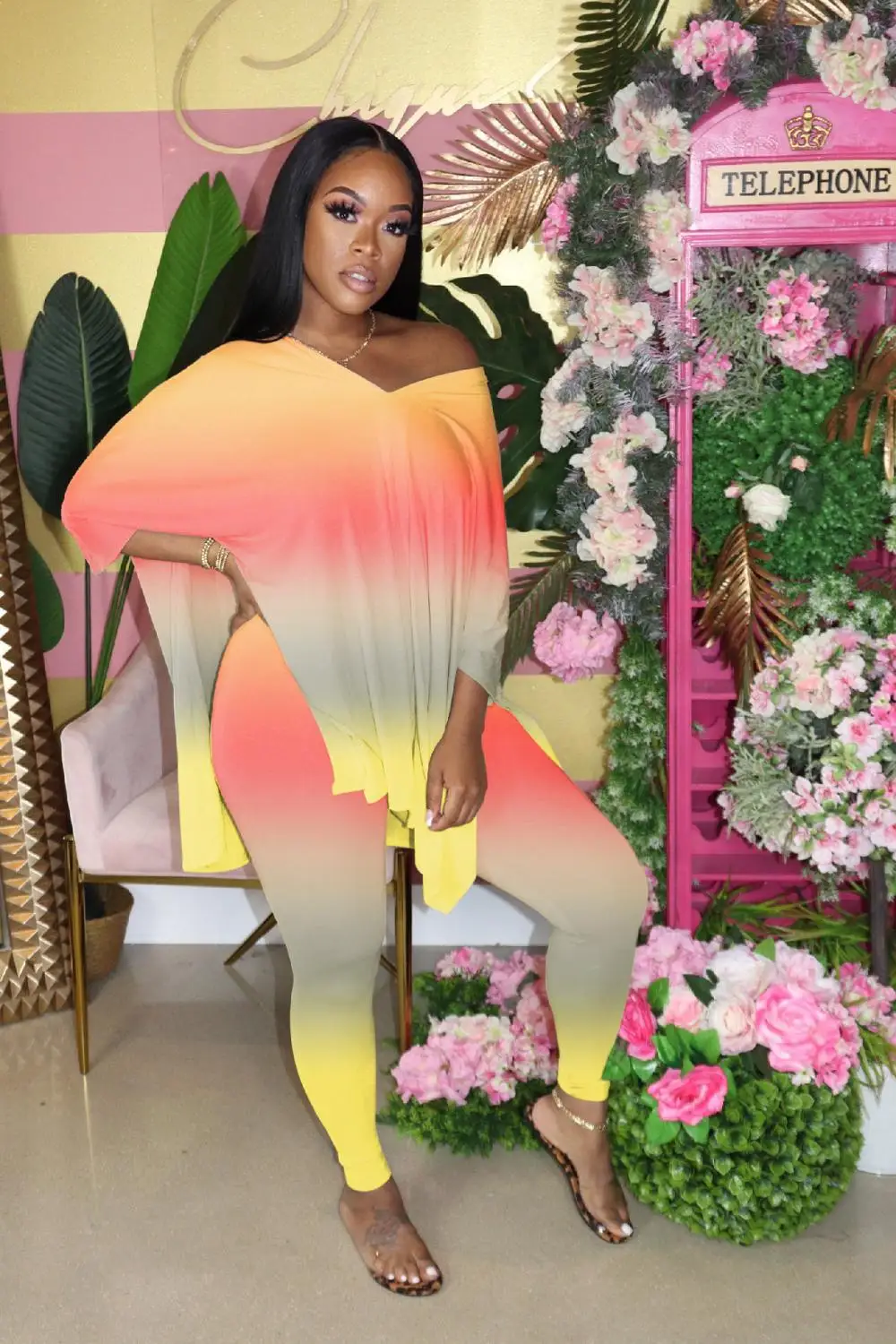 

Sexy Big Size Tracksuit Women Gradient Side Split Loose Long Top and Skinny Jogger Legging Lounge Wear 2 Piece Matching Outfits