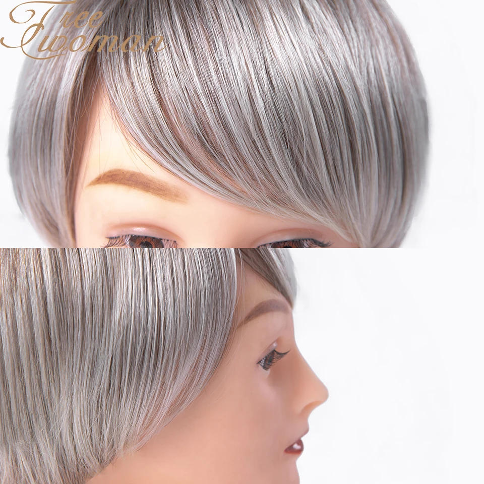 

FREEWOMAN Short Hair Wig with Natural Bangs Pixie Cut with Highlights Synthetic White Mix Brown Haircut For White Women