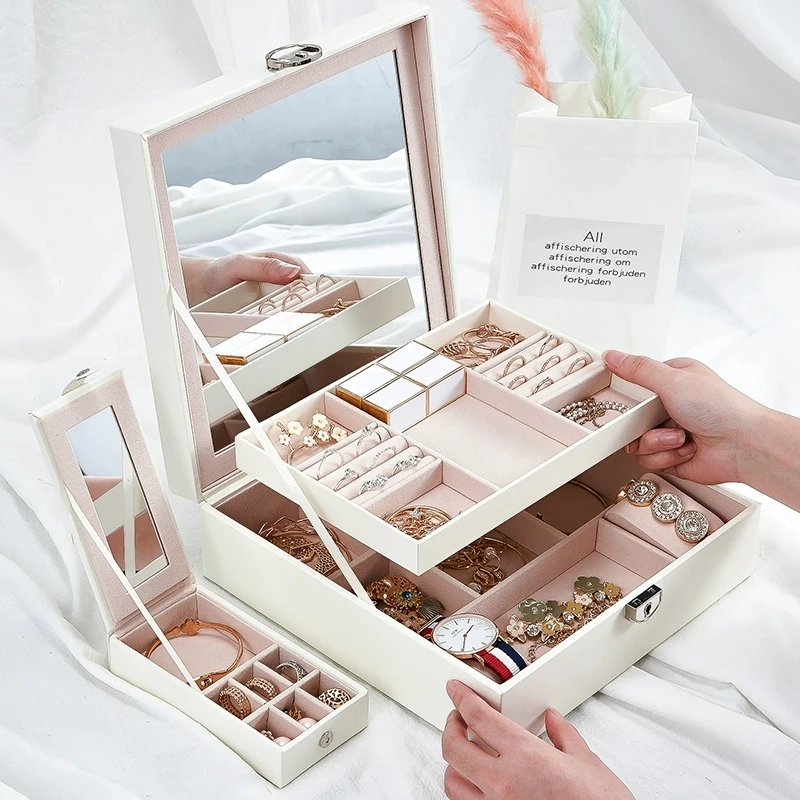 

PU Leather Jewelry Organizer Large Double Layer Earring Pendant Necklace Storage Box Glasses Watch Women Cosmetics Lipstick Box