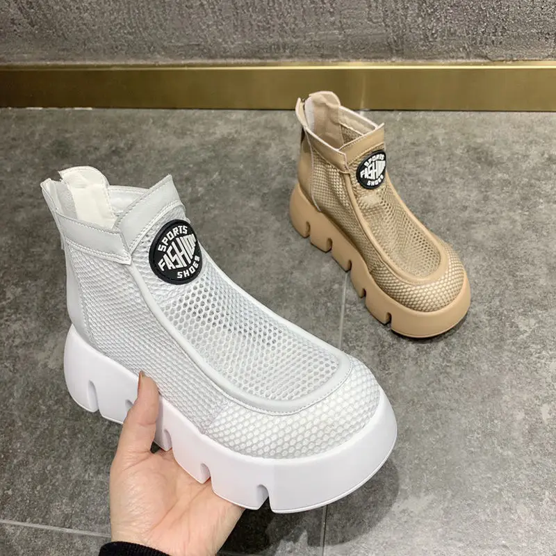 2021 Модные женские сетчатые ботинки летние Ботинки на каблуке весенние с круглым