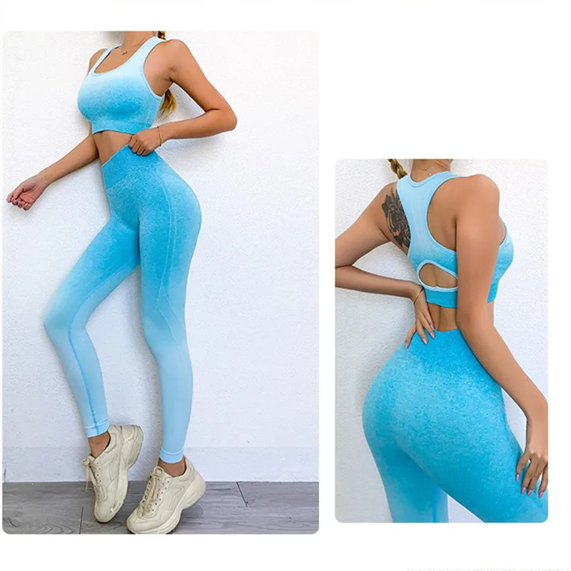 

2 Piece Ombre Seamless Set Women Suit Gym Workout Clothes Sport Bra Fitness Crop Top and Scrunch Butt Leggings Yoga Set Fit