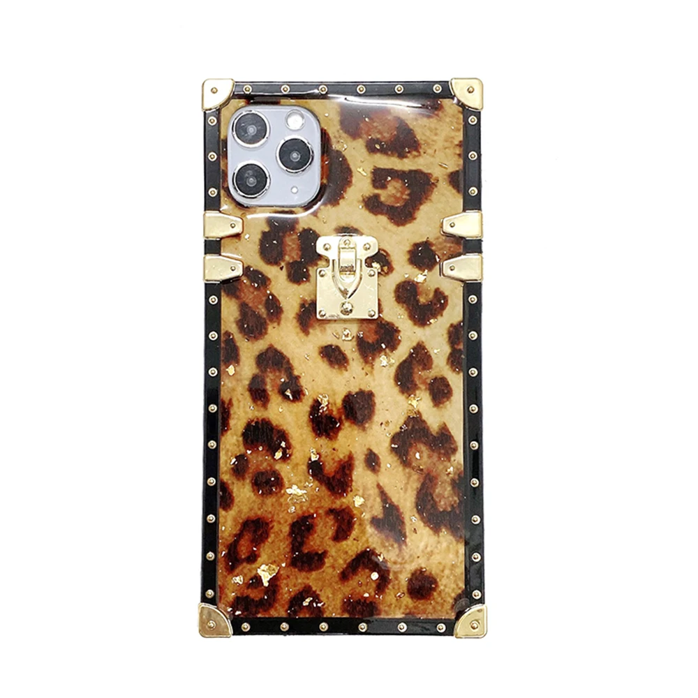 

Luxury Glitter Epoxy Cute Leopard Square Phone Case For iPhone 12 Mini 11 Pro XS Max XR X 6S 7 8 Plus Soft Silicone Glossy Cover