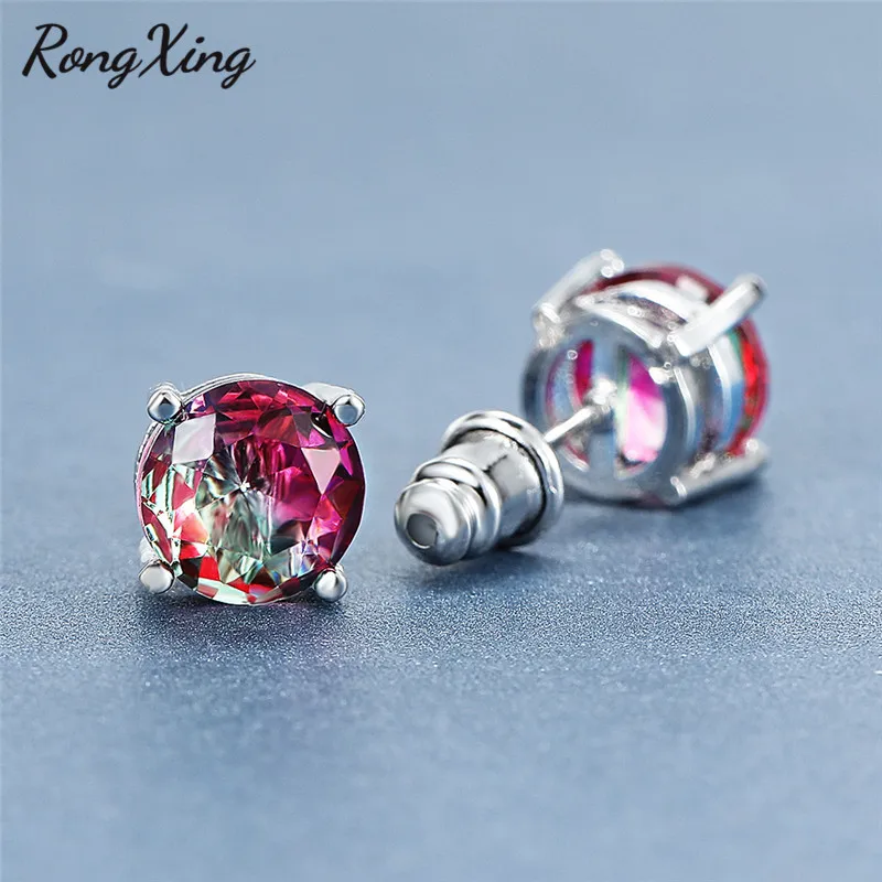 Женские серьги гвоздики RongXing Mystic с радужным огнем и цирконом заполненные белым