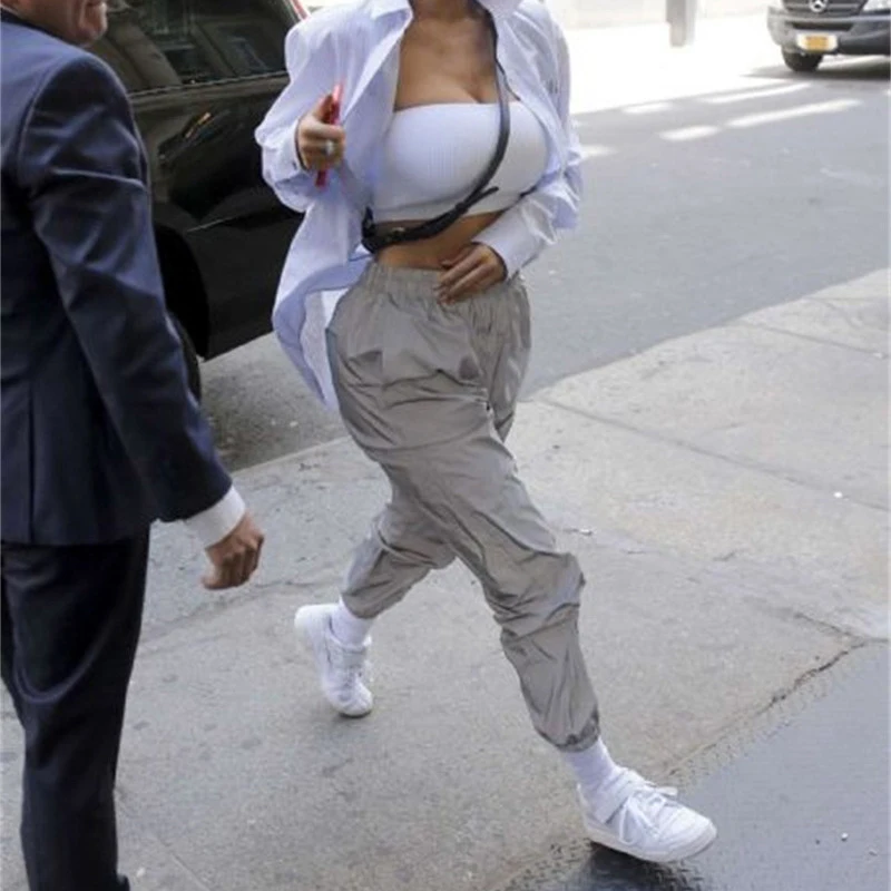 

Fashion Reflective Jogger Pants Autumn Winter Women Casual Gray Solid Streetwear Trousers