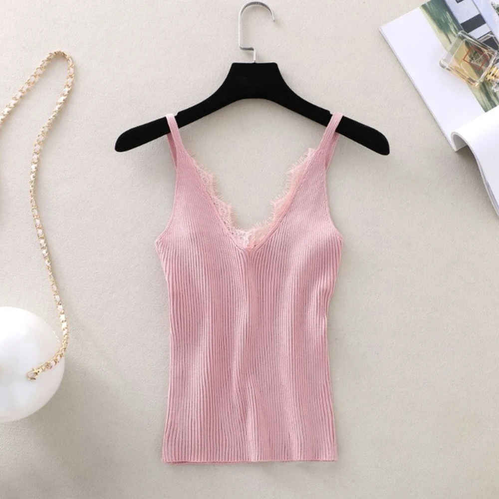 Вязаный топ на бретелях кружевной с двойным v-образным вырезом Простой Тонкий Топ