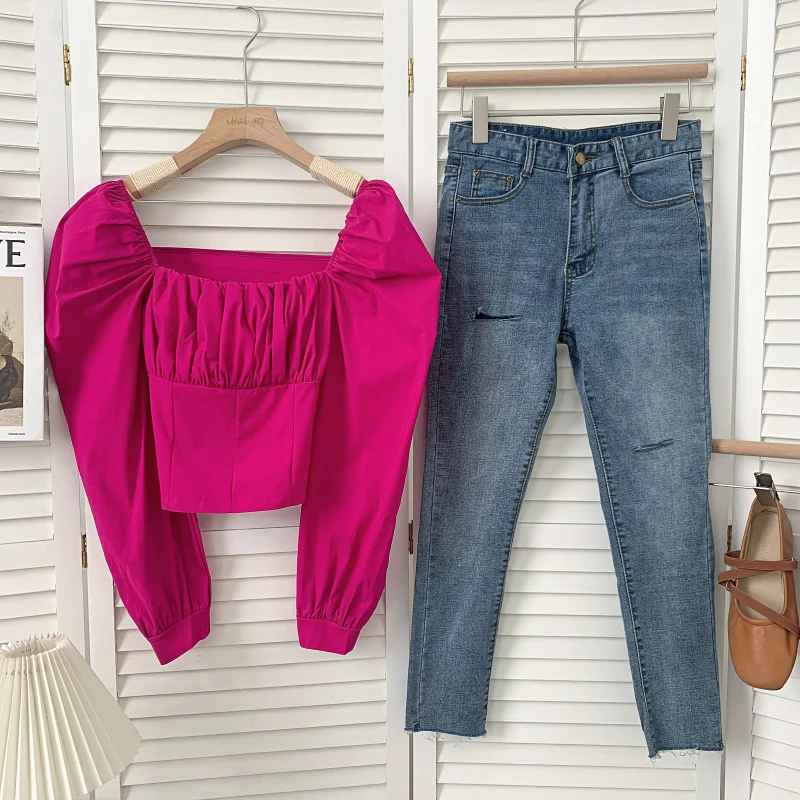 

European and American style fashion all-match square collar folds slim slimming puff sleeve short crop shirt shirt women