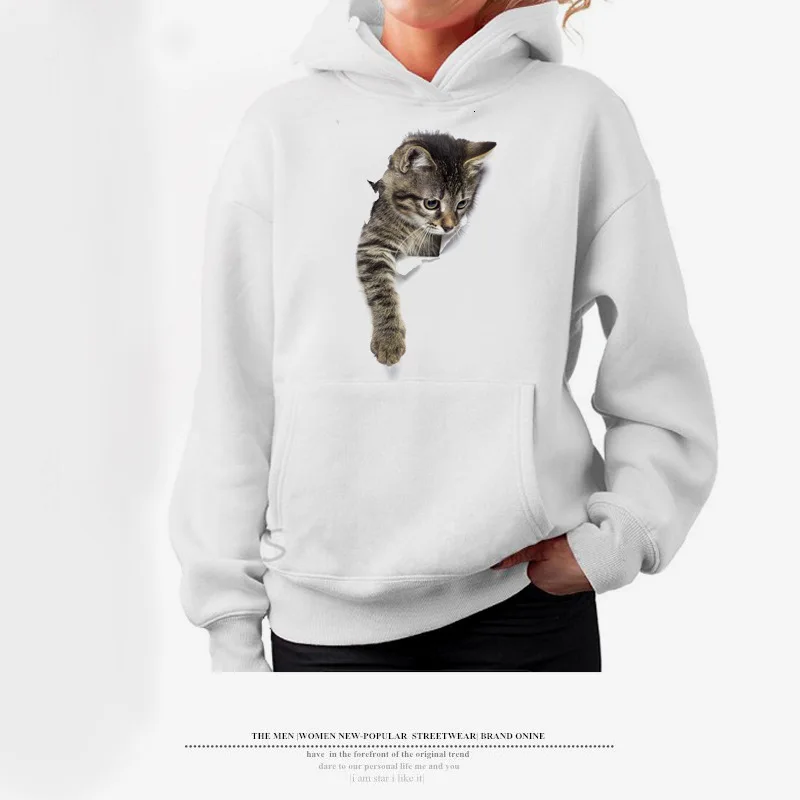 Women Girl Cartoon 3D Lovely Cat Print Sweatshirt With Pocket Long Sleeve Casual Harajuku Hoodies Steetwear Sudadera Mujer Ey