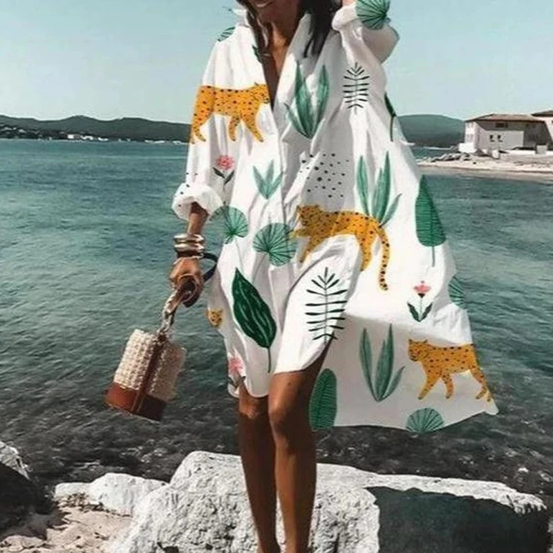 

Women V Neck Floral Print Dress Casual 2021 Spring Long Sleeve Irregular Shirt Dress Summer Loose Beach Midi Dresses Vestidos