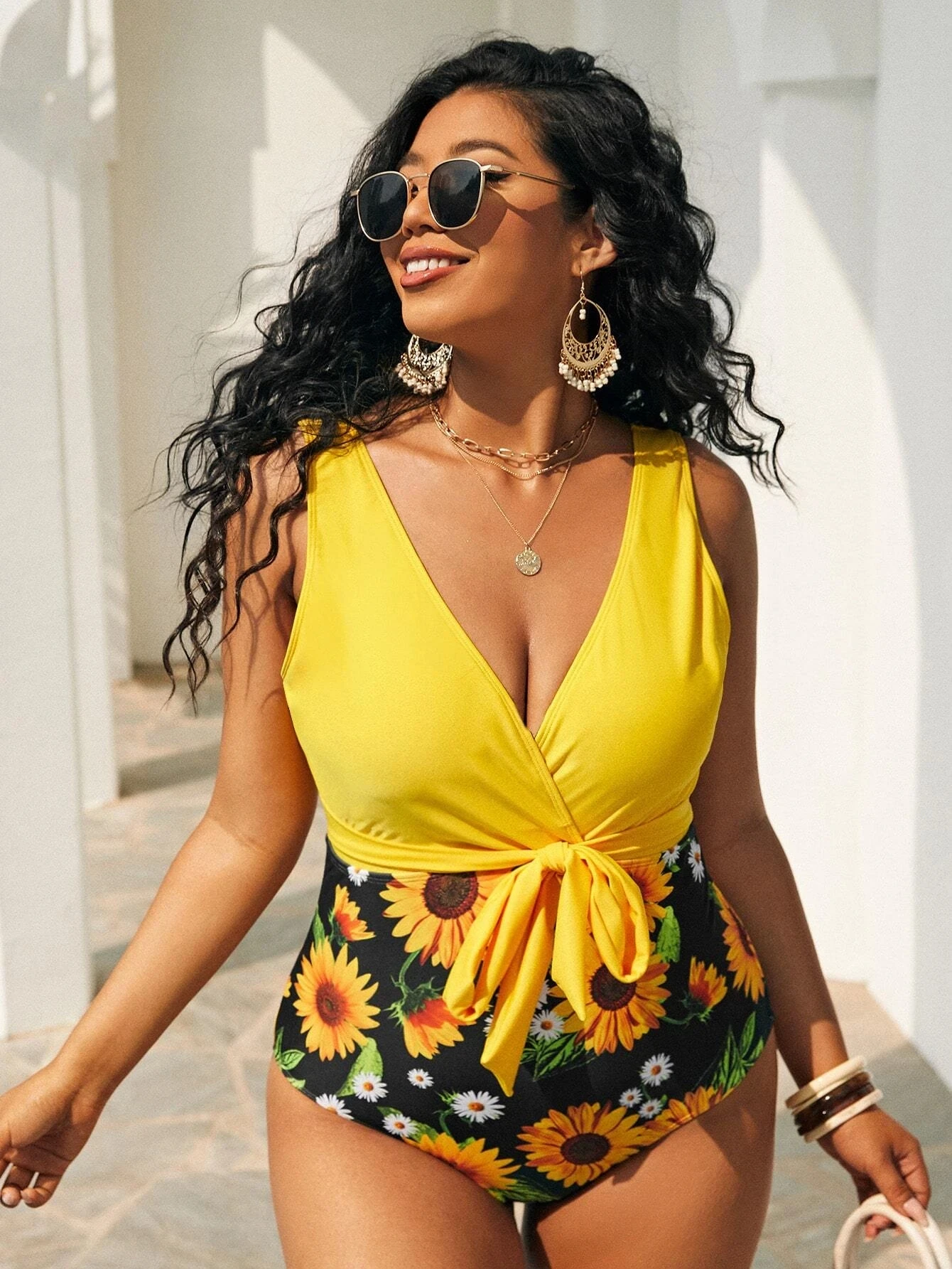 

Sunflower Printed Swim Monokini Sexy Open Back Bandage Beach Wear Women's Tummy Control One Piece Swimwear Swim Bodysuit