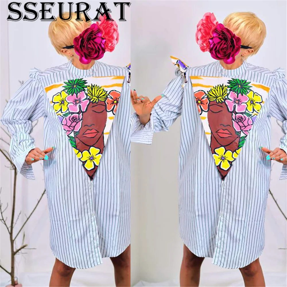

SSEURAT 2021 Autumn Women Long Sleeve Striped Single-breasted Shirt Dress Fashion Casual Vestido
