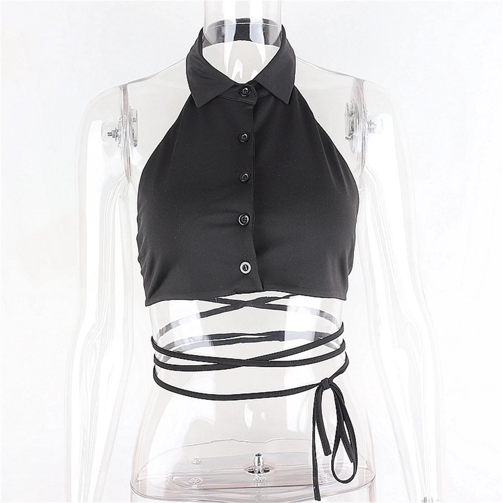 

Sexy Black Halter Crop Tops E-Girl Deep V-Neck Club Tube Top Vest Tank Bandage Buttons Summer Streetwear Indie Outfits 2021