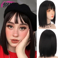 buqi synthetic short straight wigs for women black ombre pink lolita bobo wigs with bangs heat resistant cosplay daily hair