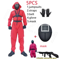 squid costume mask cosplay game red jumpsuit costume halloween party plastic helmet belt masks glove suit