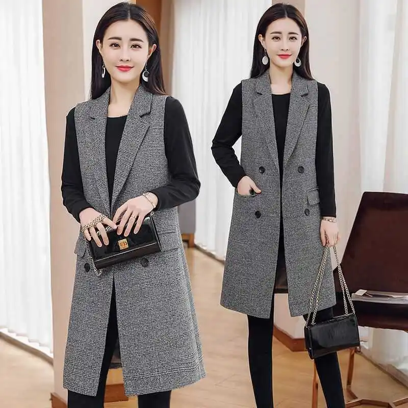 

2021 Women Summer Slim Sleeveless Long Vest Lady Plaid Notched Double Breasted Suit Waistcoat Female Vintage Plus Size Vest I806