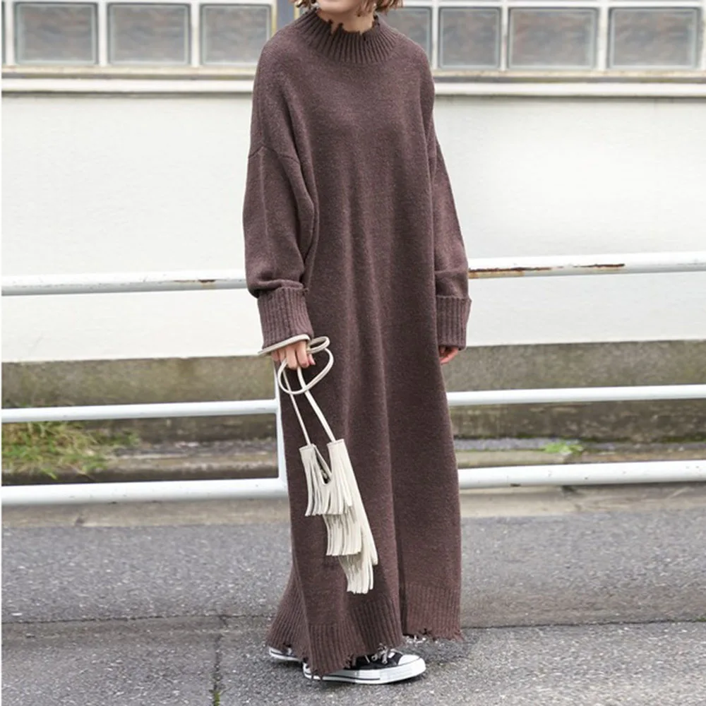 

Dresses For Women Fall Winter Knitted Vintage Worn Patchwork Fashion Long Sleeves Office Lady Casual Female Long Maxi Dress 2021