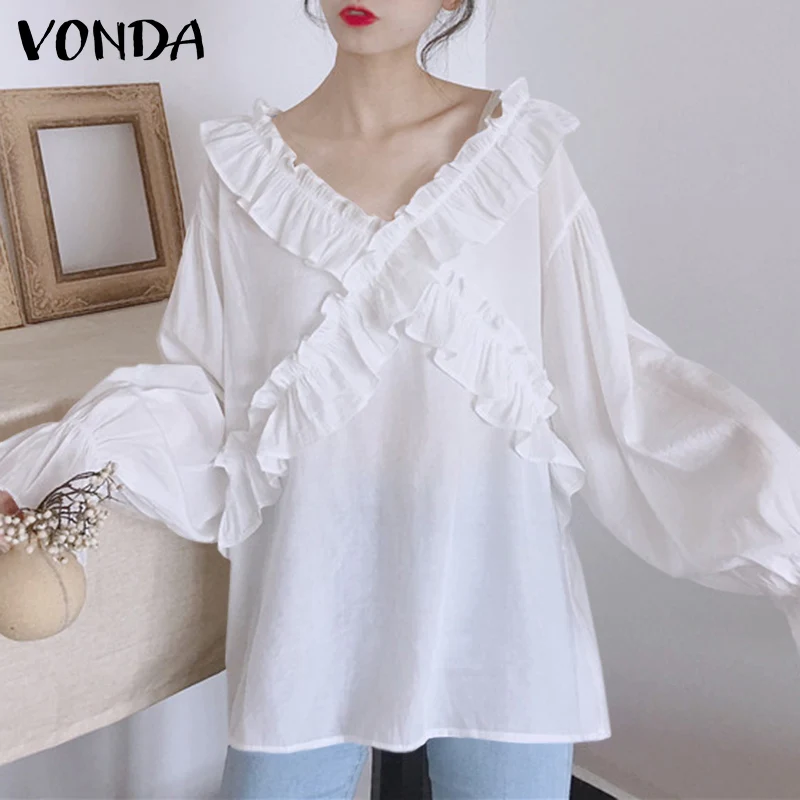 

Женская блузка с длинным рукавом 2022 VONDA, Женская Повседневная Блузка с оборками, офисные рубашки, винтажные однотонные топы, женские блузы