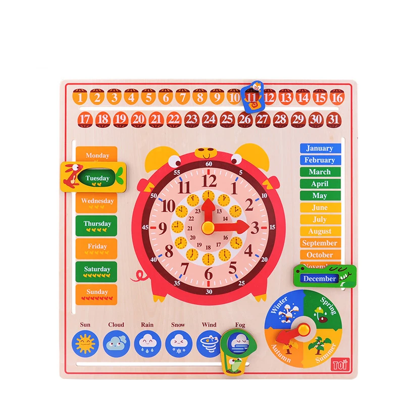 

Toi Kids Early Educational Baby Popular Colorful Interesting Children Cartoon Calendar Wooden Clock Puzzle Toy Over 3 Years Old