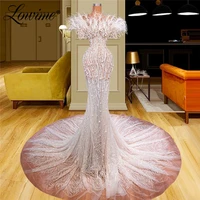 lowime feathers pearls celebrity dresses 2022 robe de soir%c3%a9e femme plus size mermaid beading couture party gowns evening wear