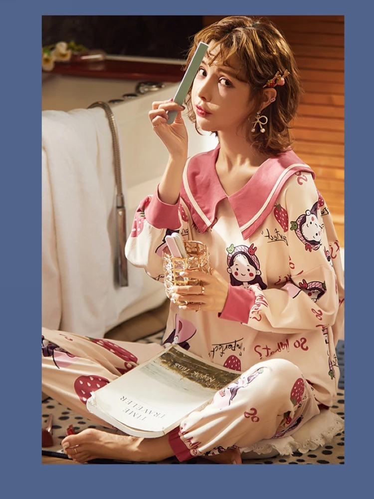 

Autumn and spring yellow strawberry pink long-sleeved knitted cotton pajamas women's pullover doll collar